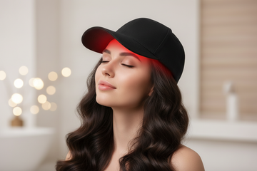 LED Red Light Therapy Hair Growth Cap worn by woman in spa setting – Zaloora