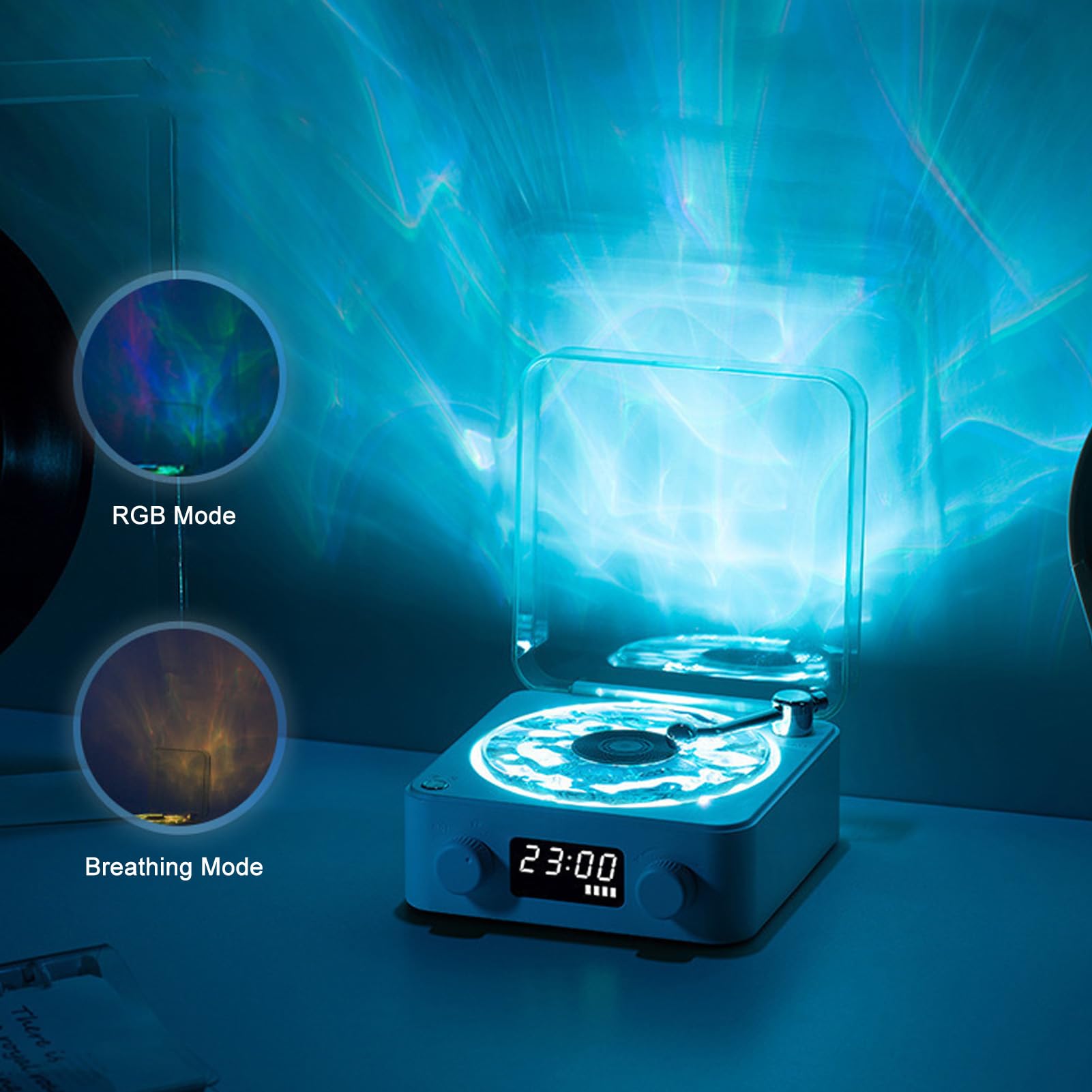 Glowing blue light device with RGB and breathing mode options on a dark background