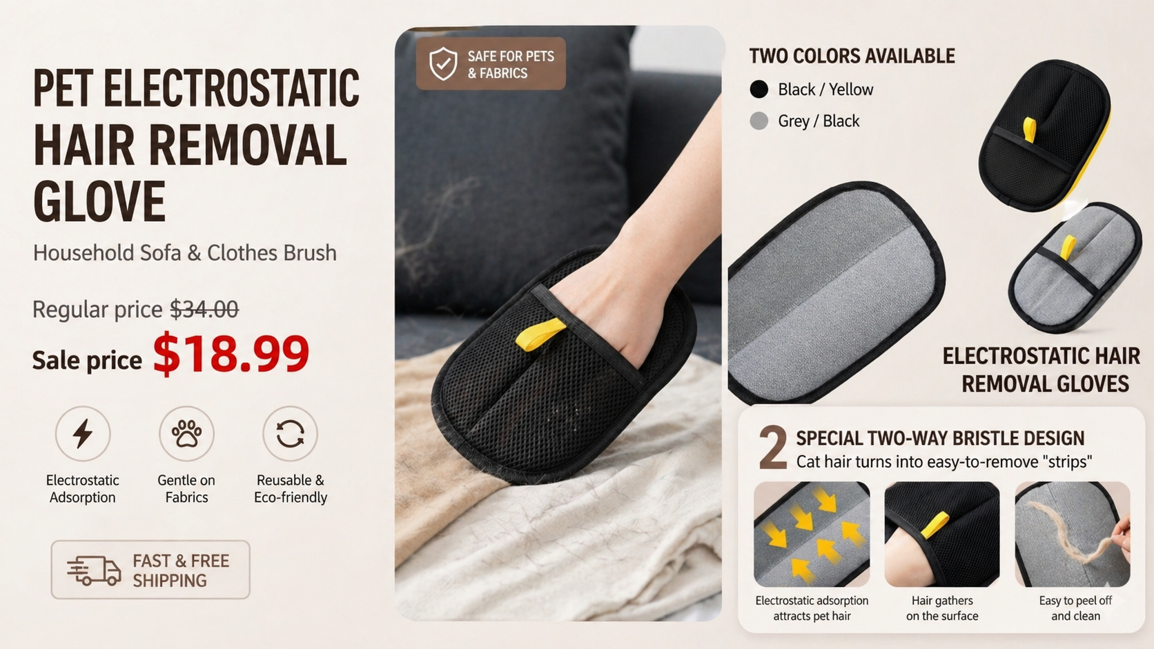 Pet electrostatic hair removal glove removing fur from sofa fabric, reusable lint remover for cat and dog hair, available in black and grey colors.slider_item_fAjx7m