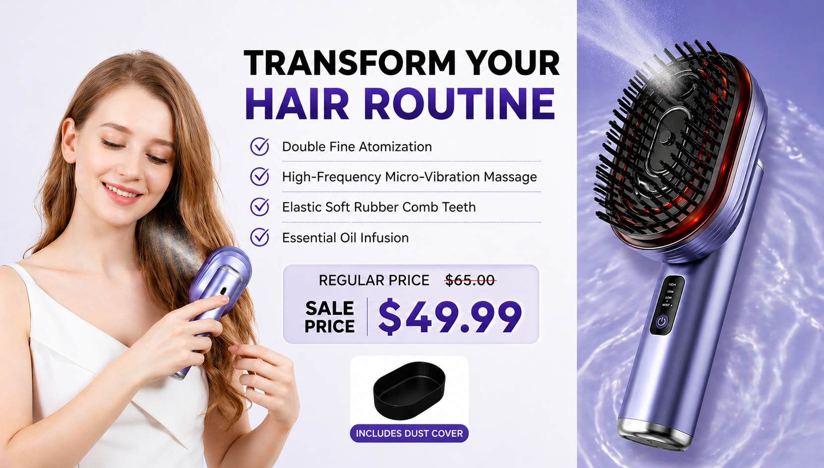Professional electric hair brush with micro-vibration massage and fine atomization spray, used by a woman for smooth and healthy hair care routine, featuring soft rubber comb teeth and essential oil infusion technology.1621243260e1af0c20-1