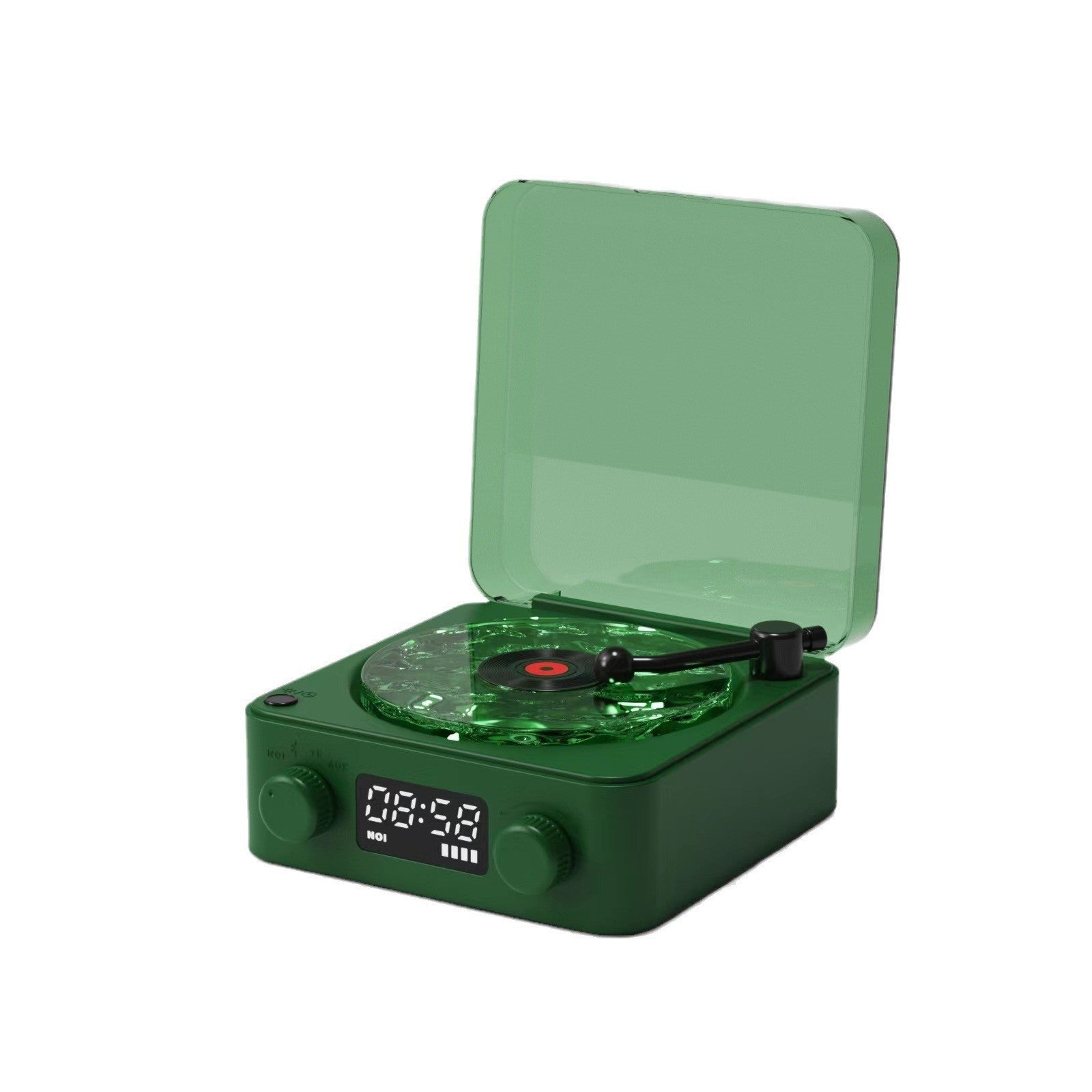Green record player with open lid on a white background