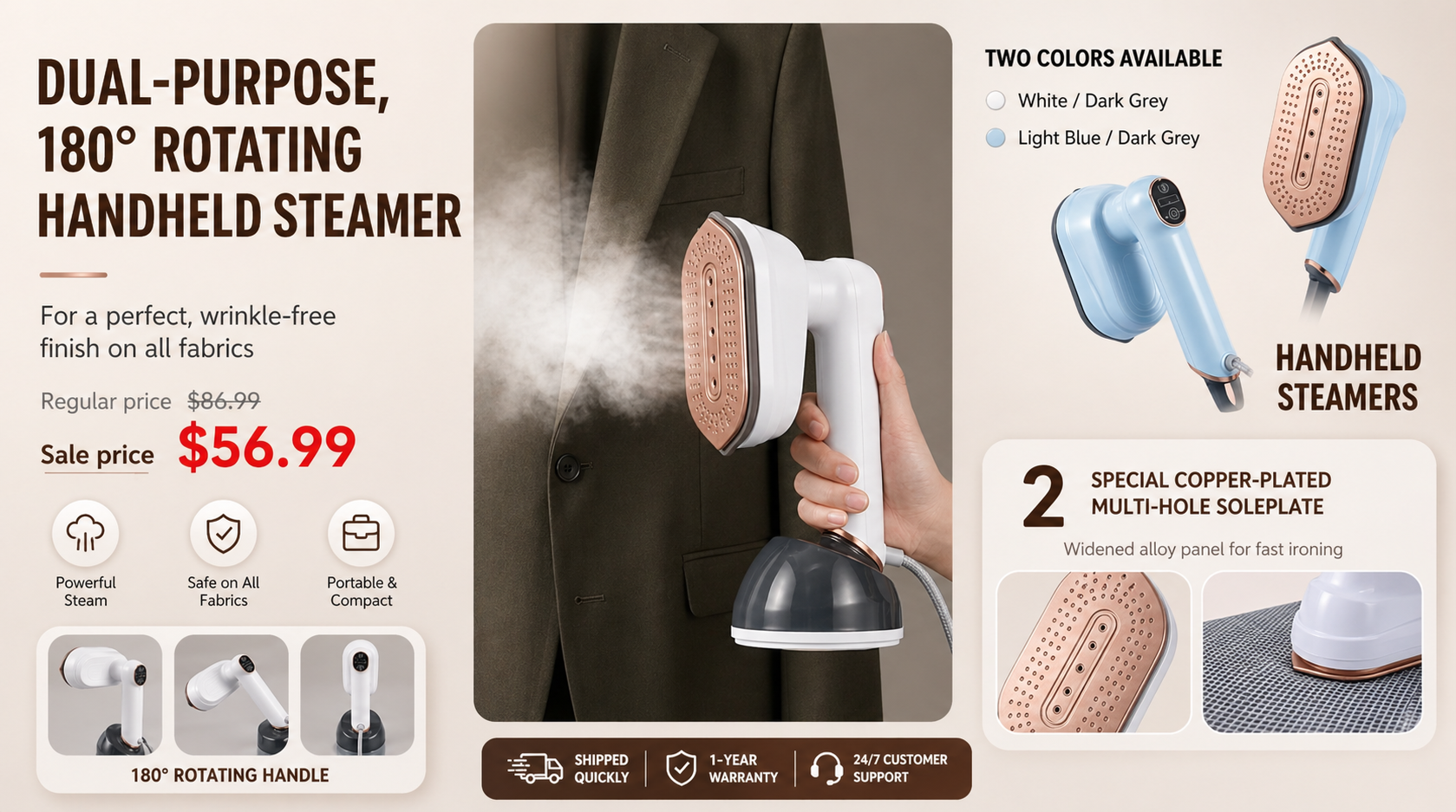 Dual-purpose 180-degree rotating handheld garment steamer with copper soleplate, removing wrinkles from a blazer, featuring compact design, fast heating steam, and multiple color optionsslider_item_yfiNMp